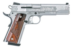 Smith & Wesson 10270 1911 E-Series Full Size Frame 45 ACP 8+1, 5" Stainless Steel Barrel, Glass Bead w/Engraving Serrated SS Slide, Matte Silver Engraved SS Frame w/Beavertail, Ambidextrous