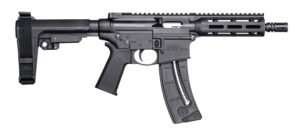 Smith & Wesson 13321 M&P15  Pistol 22 LR 8" Black Carbon Steel Barrel 25+1, Black SB Tactical SBA3 Adjustable Arm Brace Stock, Black Magpul MOE Grip, Manual Safety, Optics Ready