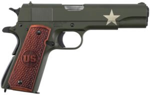 Auto-Ordnance 1911BKOC11 1911 Tanker 45 ACP  5" Barrel 7+1, OD Green Carbon Steel Frame/Slide with Sherman Tank Star, Checkered US Engraved Wood Grip, Manual Safety