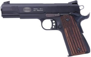 Mauser Rimfire 4110608 1911  22 LR 10+1 5" Black Steel Barrel, Black Serrated Aluminum Slide, Black Aluminum Frame w/Beavertail, Molded Wood Flag Grip, Ambidextrous