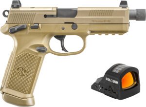 FN 66102270 FNX w/Optic 45 ACP 15+1 5.30" Black Steel Threaded Barrel, Flat Dark Earth Optic Ready/Serrated Stainless Steel Slide & Polymer Frame w/Picatinny Rail, Holosun 407C Red Dot, Ambidextrous