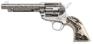 Taylors & Company 200063 1873 Cattle Brand 45 Colt (LC) Caliber with 5.50"  Barrel, 6rd Capacity Cylinder, Overall Nickel-Plated Engraved Finish Steel & Imitation Stag Grip