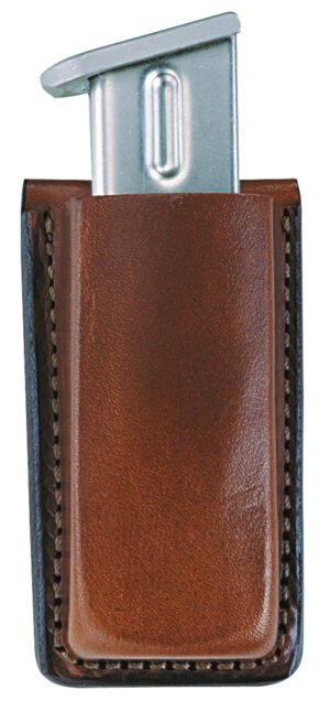 Bianchi 10734 Open Top Mag Pouch  Single Tan Leather Belt Clip Compatible w/ 9mm/10mm/40/45 Belts 1.75" Wide
