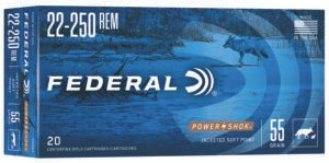 Federal 22250A Power-Shok  22-250Rem 55gr Jacketed Soft Point 20 Per Box/10 Case