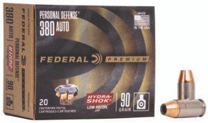 Federal PD380HS1H Premium Personal Defense Low Recoil 380ACP 90gr Hydra-Shok Jacketed Hollow Point 20 Per Box/10 Case