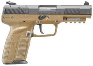 FN 3868929352 Five-seveN *CA Compliant 5.7x28mm 10+1 4.80" Black Steel Barrel, Black Serrated Steel Slide & Polymer Frame w/Picatinny Rail, FDE Textured Polymer Grip, Ambidextrous