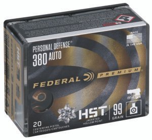 Federal P380HST1S Premium Personal Defense Micro 380ACP 99gr HST Jacketed Hollow Point 20 Per Box/10 Case