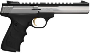 Browning 051507490 Buck Mark Contour 22 LR 10+1, 5.50" Polished Flats Contoured Barrel, Matte Stainless Serrated w/Picatinny Rail Slide, Matte Black Anodized Frame, Black URX Grip, Ambidextrous