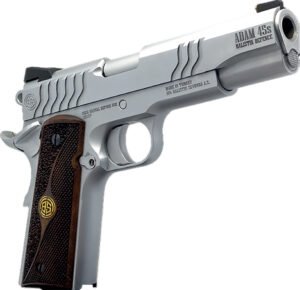 Dickinson LLC DCKSN45S 1911 Adam S Full Size Frame SAO 45 ACP 7+1 5" Stainless Button Rifled Barrel, Stainless Steel S Serrations Slide, Stainless Steel Frame, Wood Grip