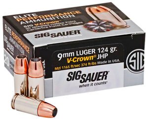Sig Sauer E9MMA220 Elite Performance  9mmLuger 124gr V-Crown Jacketed Hollow Point 20 Per Box/10 Case