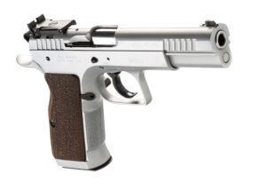 Tanfoglio IFG TF-LIMPRO-38 Defiant Limited Pro 38 Super Caliber with 4.80" Barrel, 17+1 Capacity, Overall Hard Chrome Finish Steel, Beavertail Frame, Serrated Slide & Brown Polymer Grip